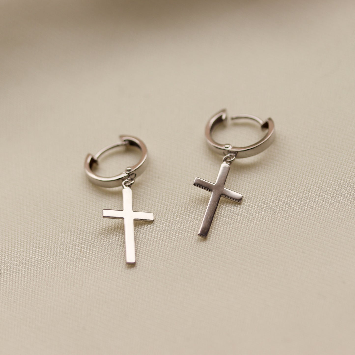 White Gold Cross Dangle Huggie Earrings