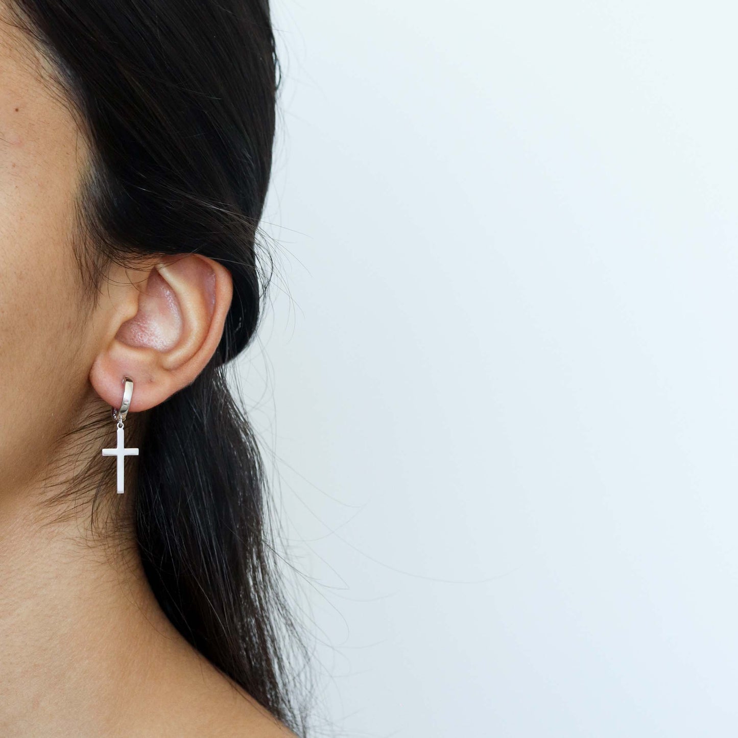 White Gold Cross Dangle Huggie Earrings