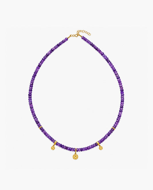 14k Gold Charm Station Amethyst Beads Necklace