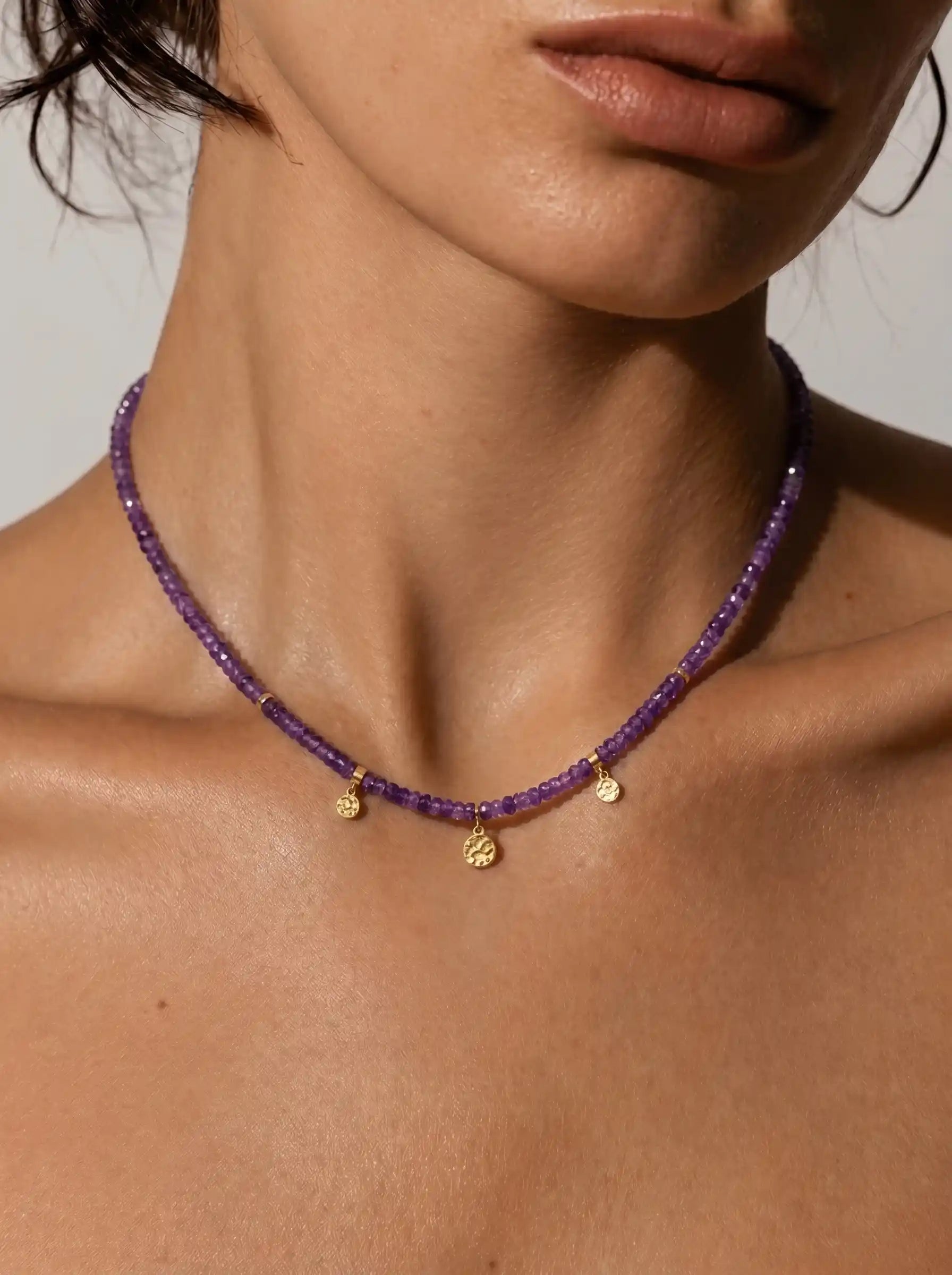 14k Gold Charm Station Amethyst Beads Necklace