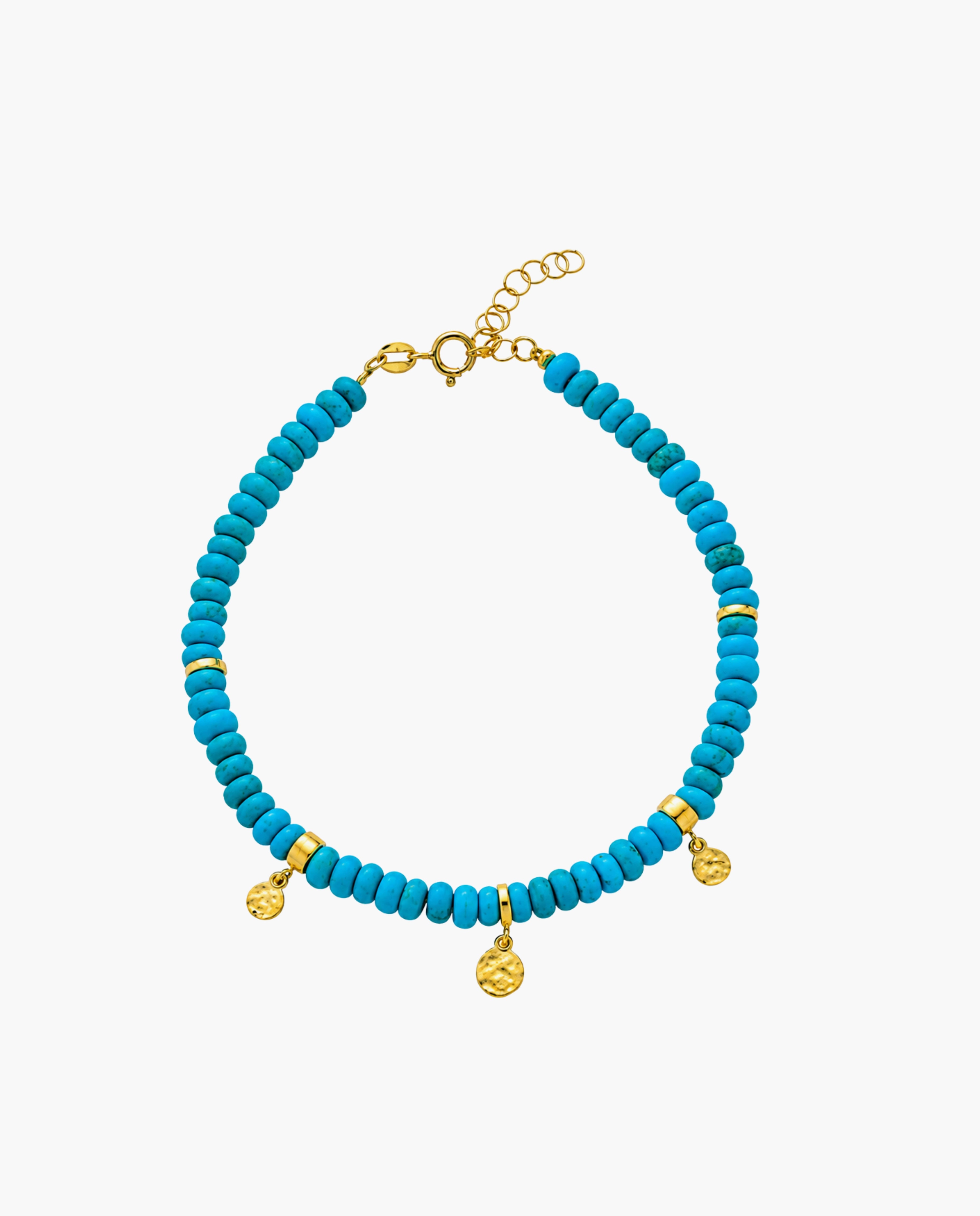 14k Gold Charm Station Turquoise Beads Bracelet