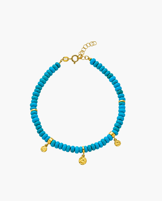 14k Gold Charm Station Turquoise Beads Bracelet