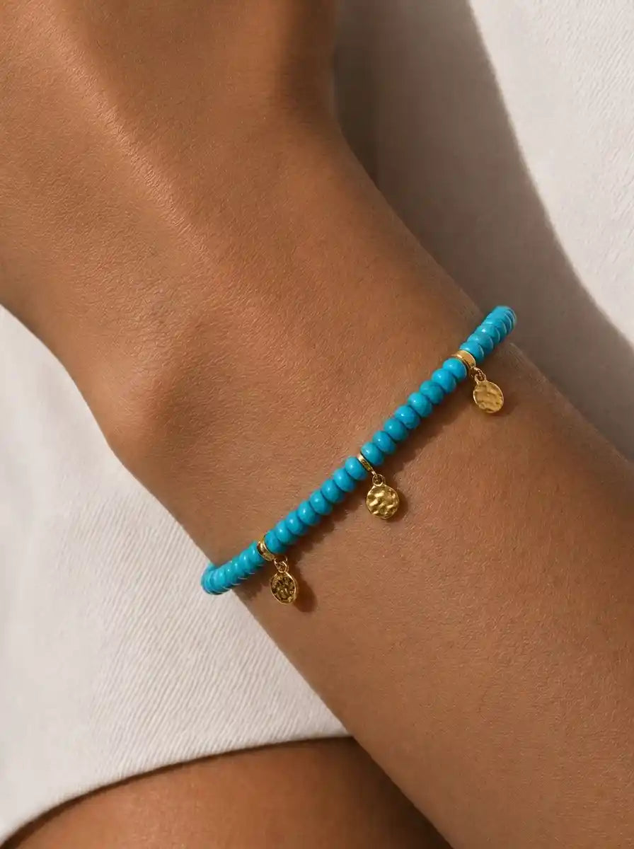 14k Gold Charm Station Turquoise Beads Bracelet