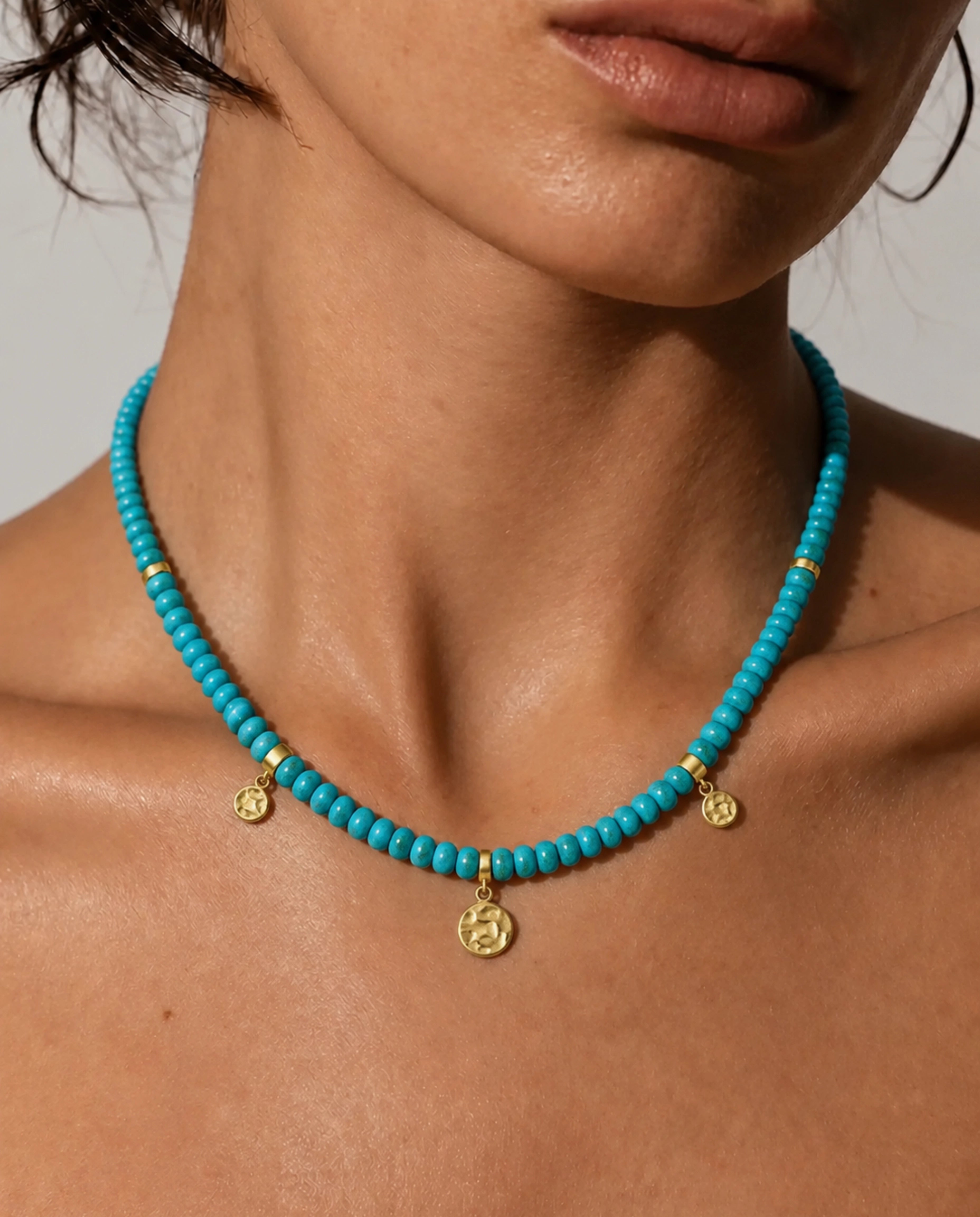 14k Gold Charm Station Turquoise Beads Necklace