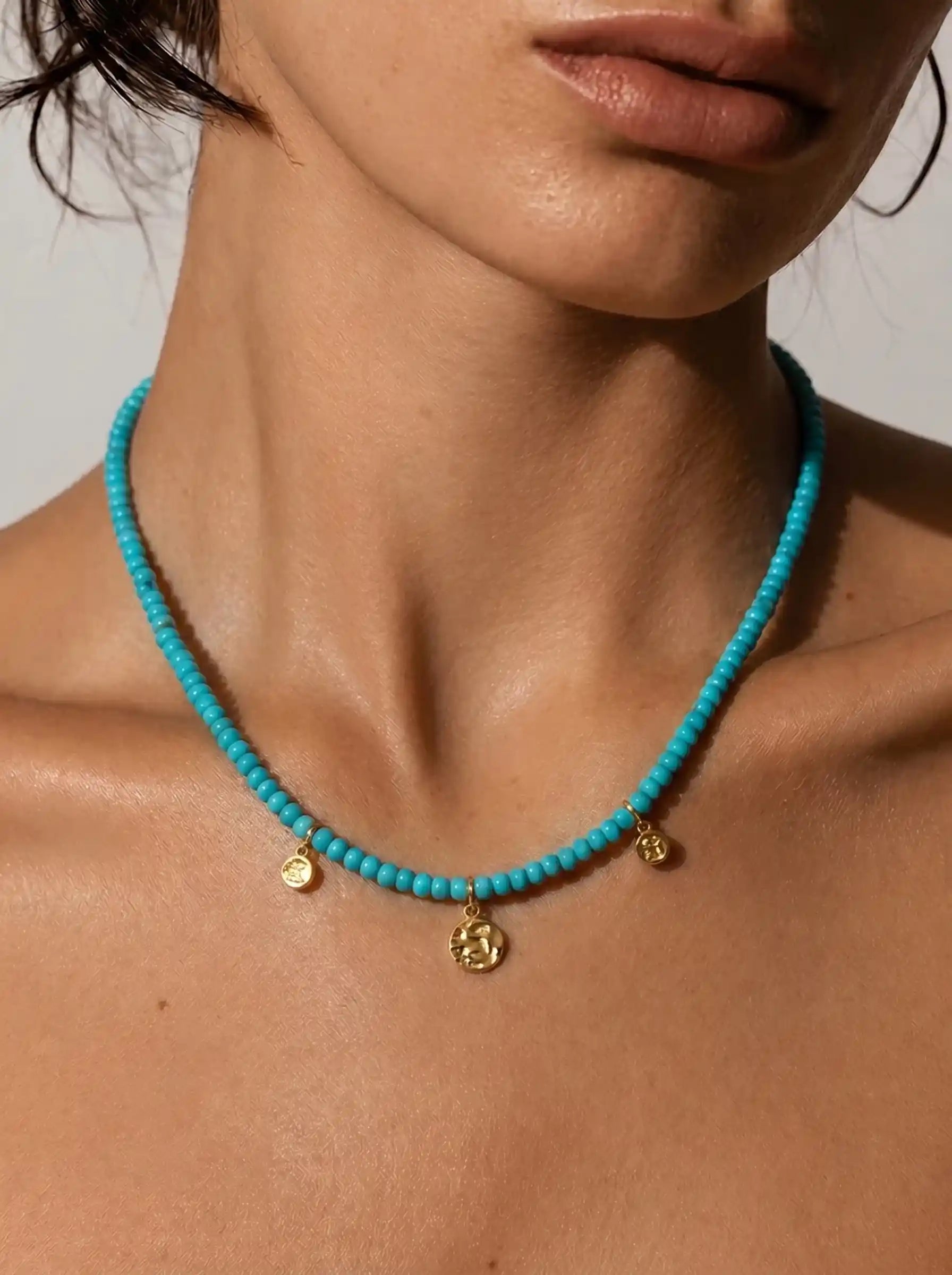 14k Gold Charm Station Turquoise Beads Necklace