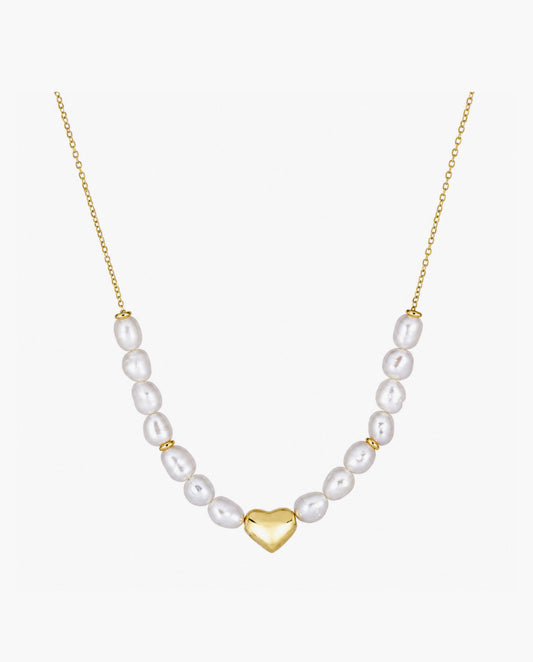 14k Gold Pearl Puffed Heart Necklace