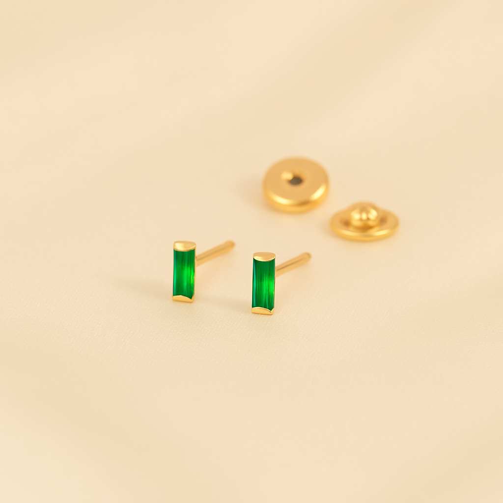 Green Baguette Stud Earrings