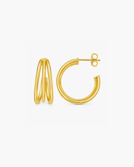 14K Triple Row C Hoop Earrings