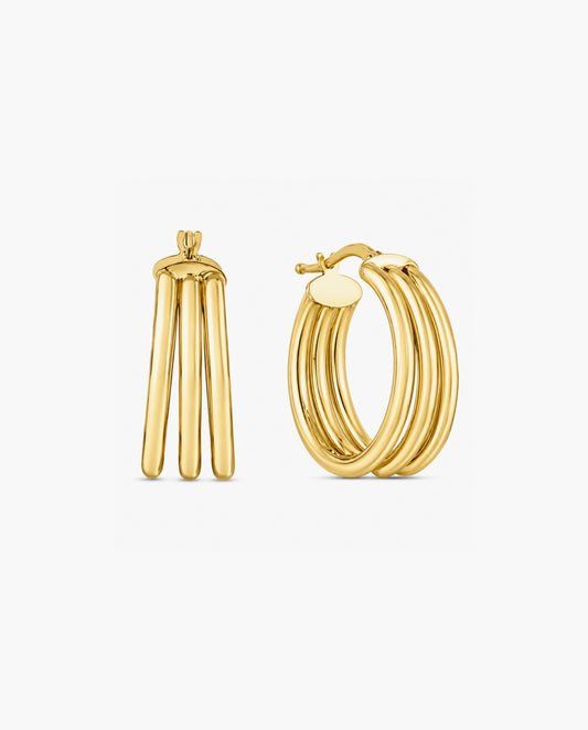 14K Gold 15mm Large Triple Row Hoops