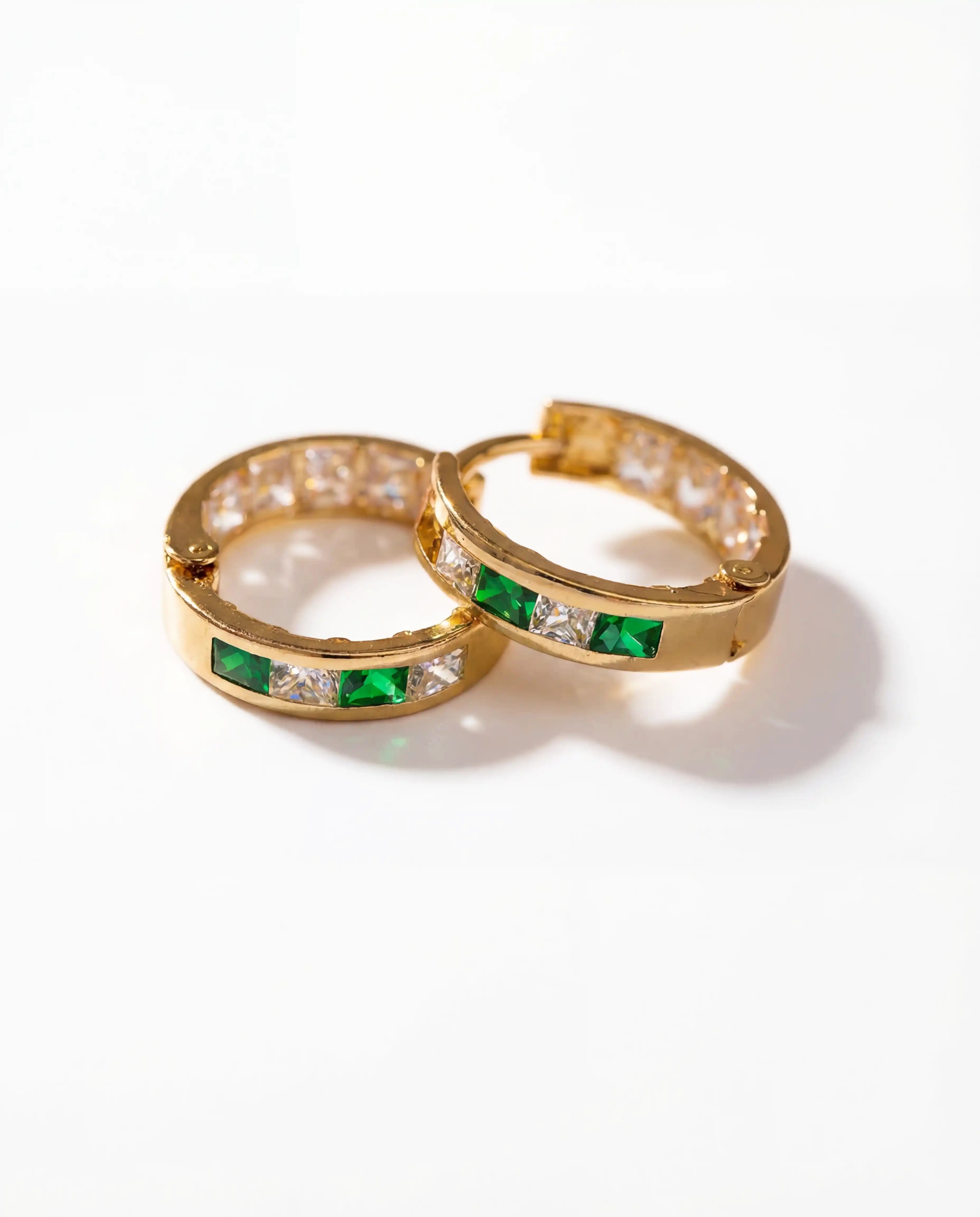 Green and White Huggie Earrings
