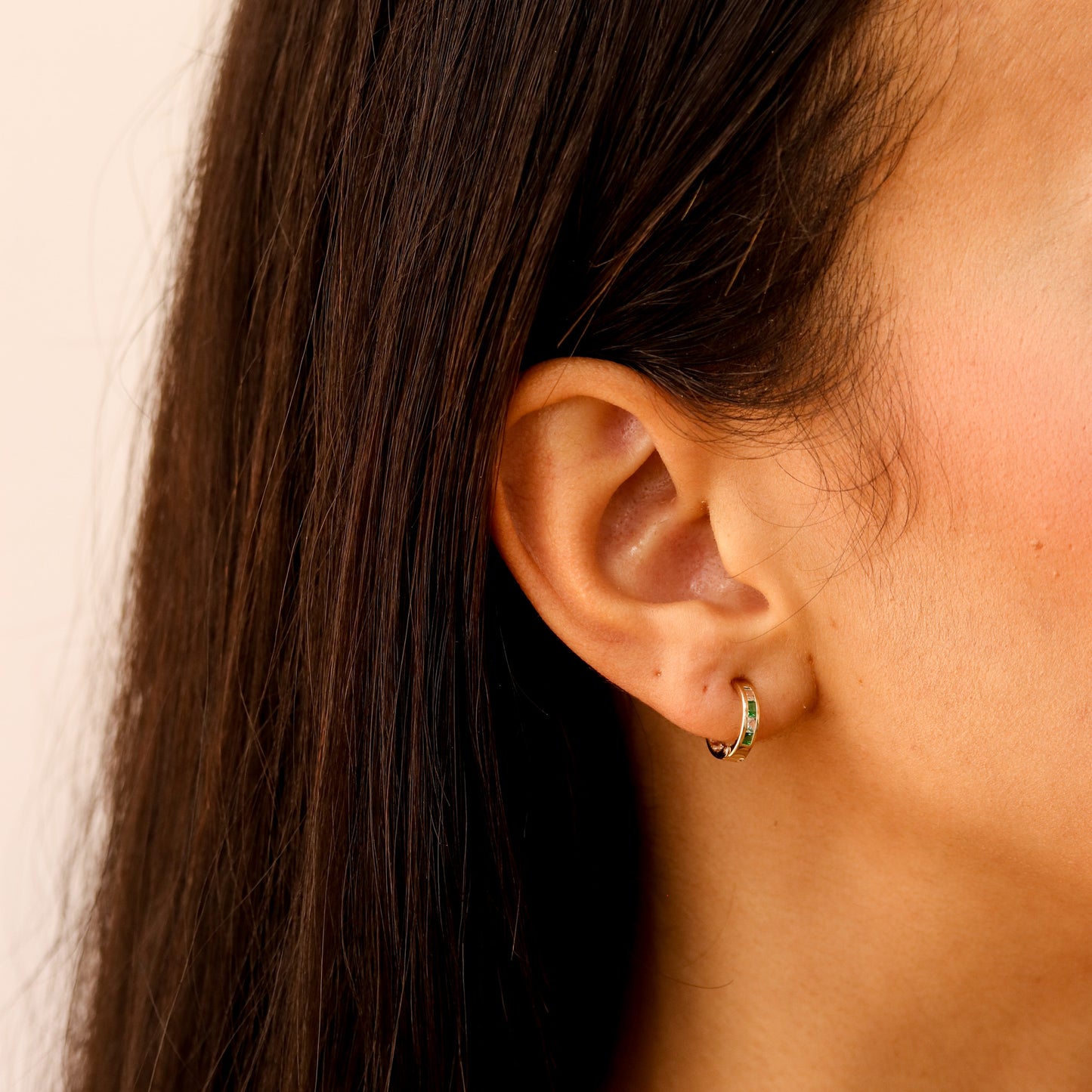 Green and White Huggie Earrings