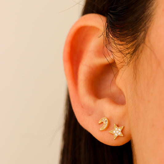 Star & Moon CZ Stud Earrings