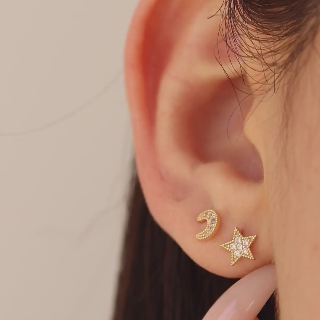 Star & Moon CZ Stud Earrings